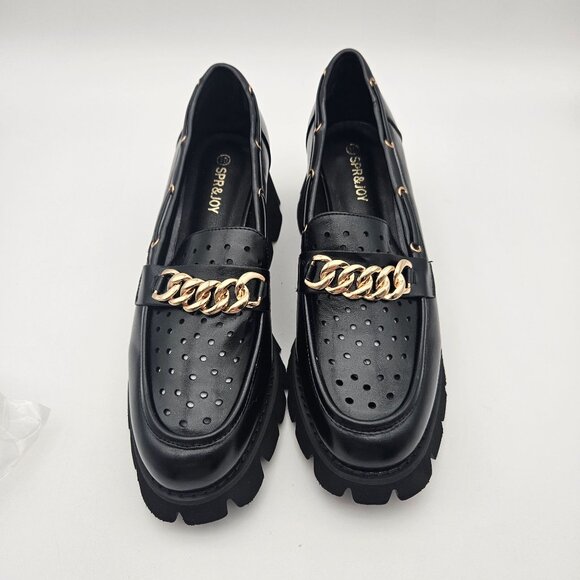 SPR&JOY Black Vegan Leather Lug Sole Loafer Gold Tone Hardware Womens Sz 10 NEW - Picture 4 of 9